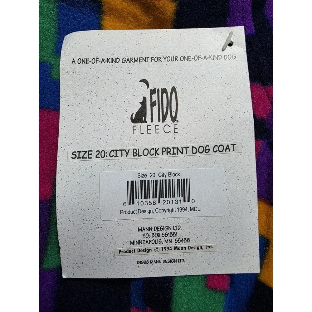 Fido Fleece Cozy Dog Jacket Size 20 City Block Print Multicolor NEW Vintage 90s